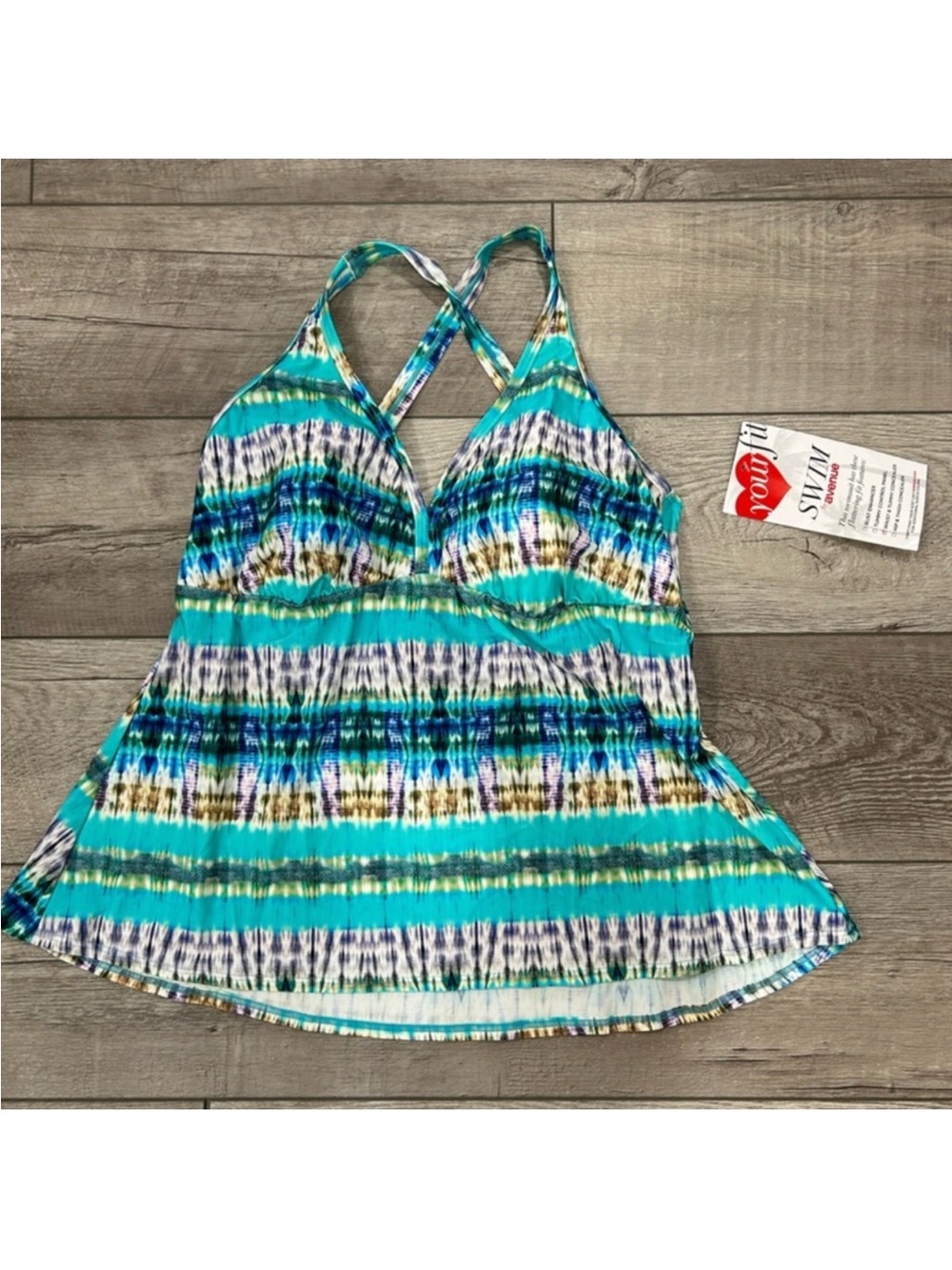 Avenue Teal Blue Multi-Stripe Crisscross Swim Top